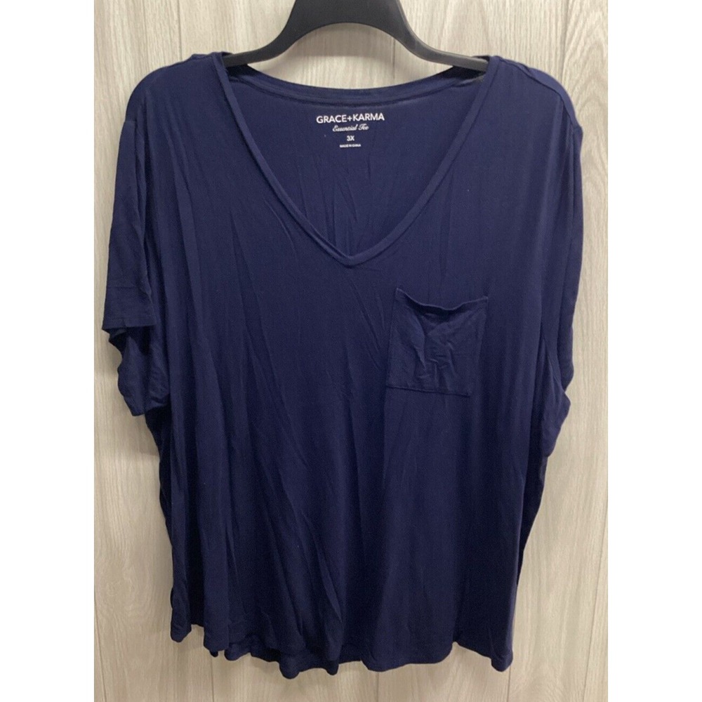 GRACE & KARMA Women's (Size 3X) Short‎ Sleeve V-Neck T-Shirt Stretch Navy Blue